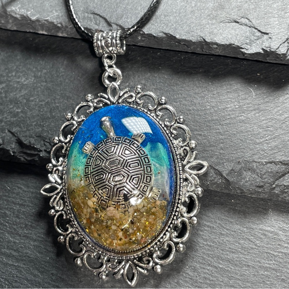 SoCal Sand Custom Made Turtle Pendant With Blue Green And Gold Accents - Picture 8 of 11